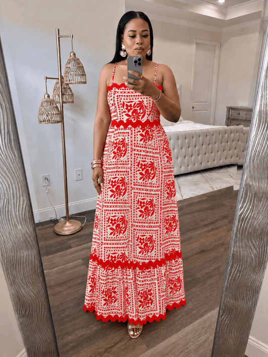 Scallop Trim Printed Maxi Dress (orange)