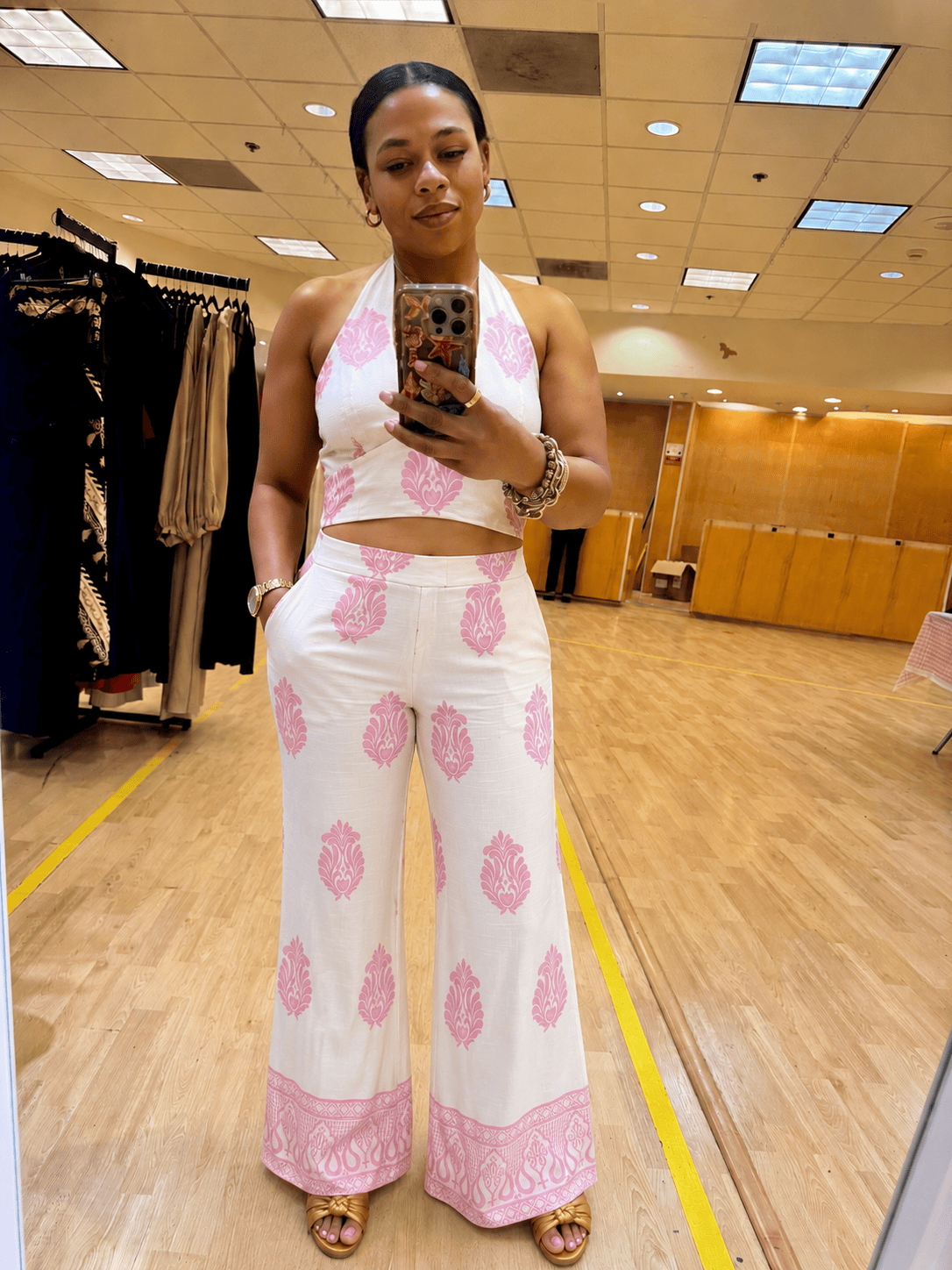 DEEP V-NECK HALTER TOP AND PANT SET (PINK MULTI)