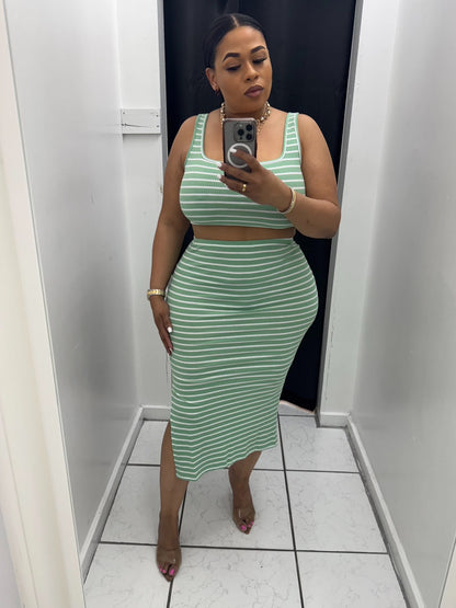 Stripe Crop Top And Skirt Set (Mint Green)
