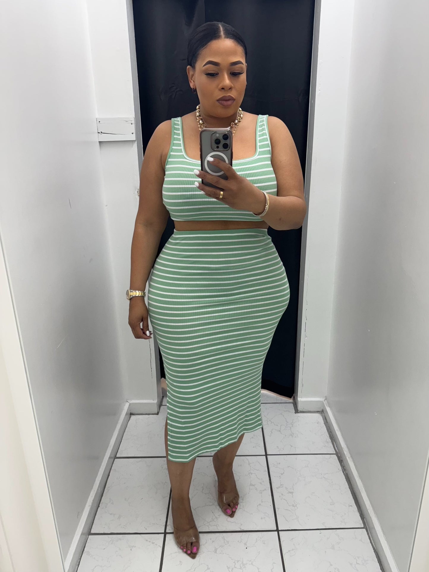 Stripe Crop Top And Skirt Set (Mint Green)