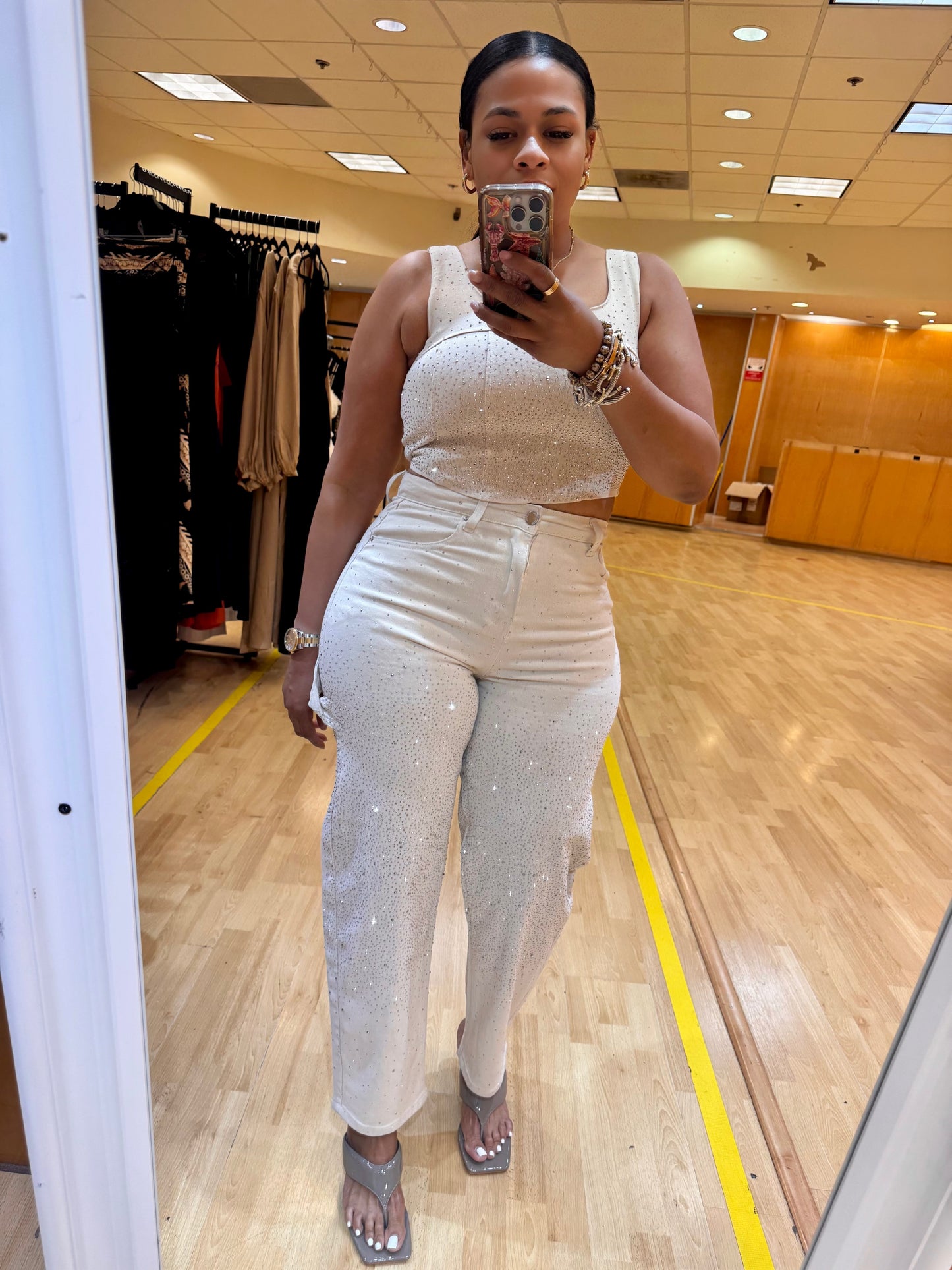 Rhinestone Barrel Denim Pants & Crop Top Set (Cream)