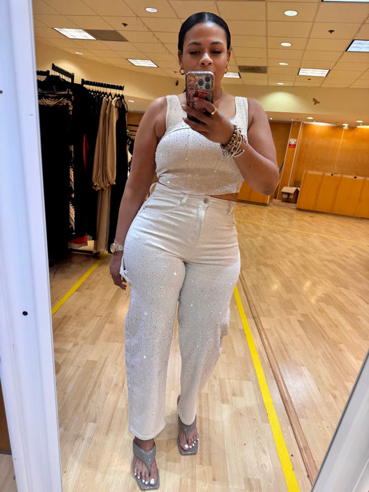 Rhinestone Barrel Denim Pants & Crop Top Set (Cream)