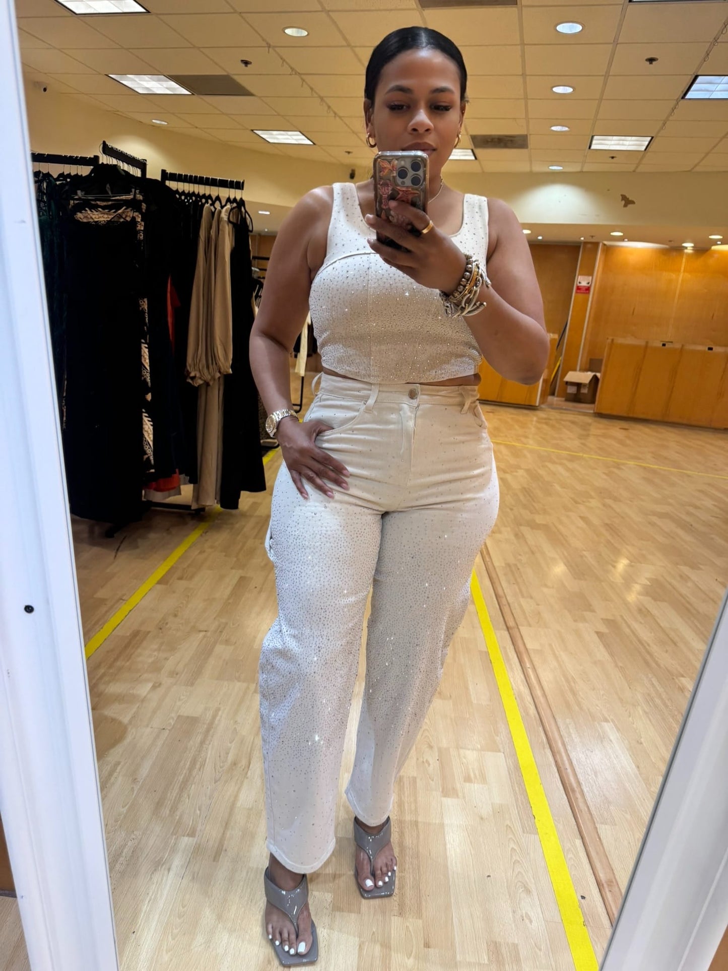 Rhinestone Barrel Denim Pants & Crop Top Set (Cream)