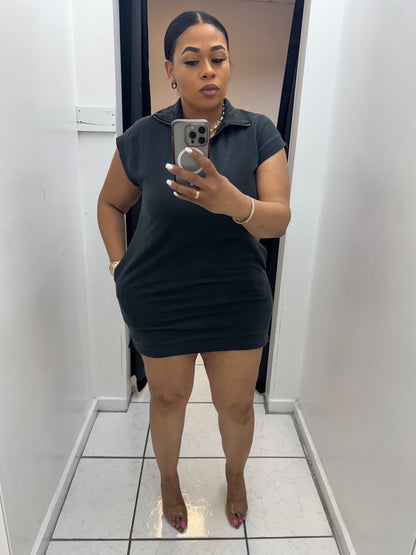 Half Zip Up Mock Neck Mini Dress (BLACK)