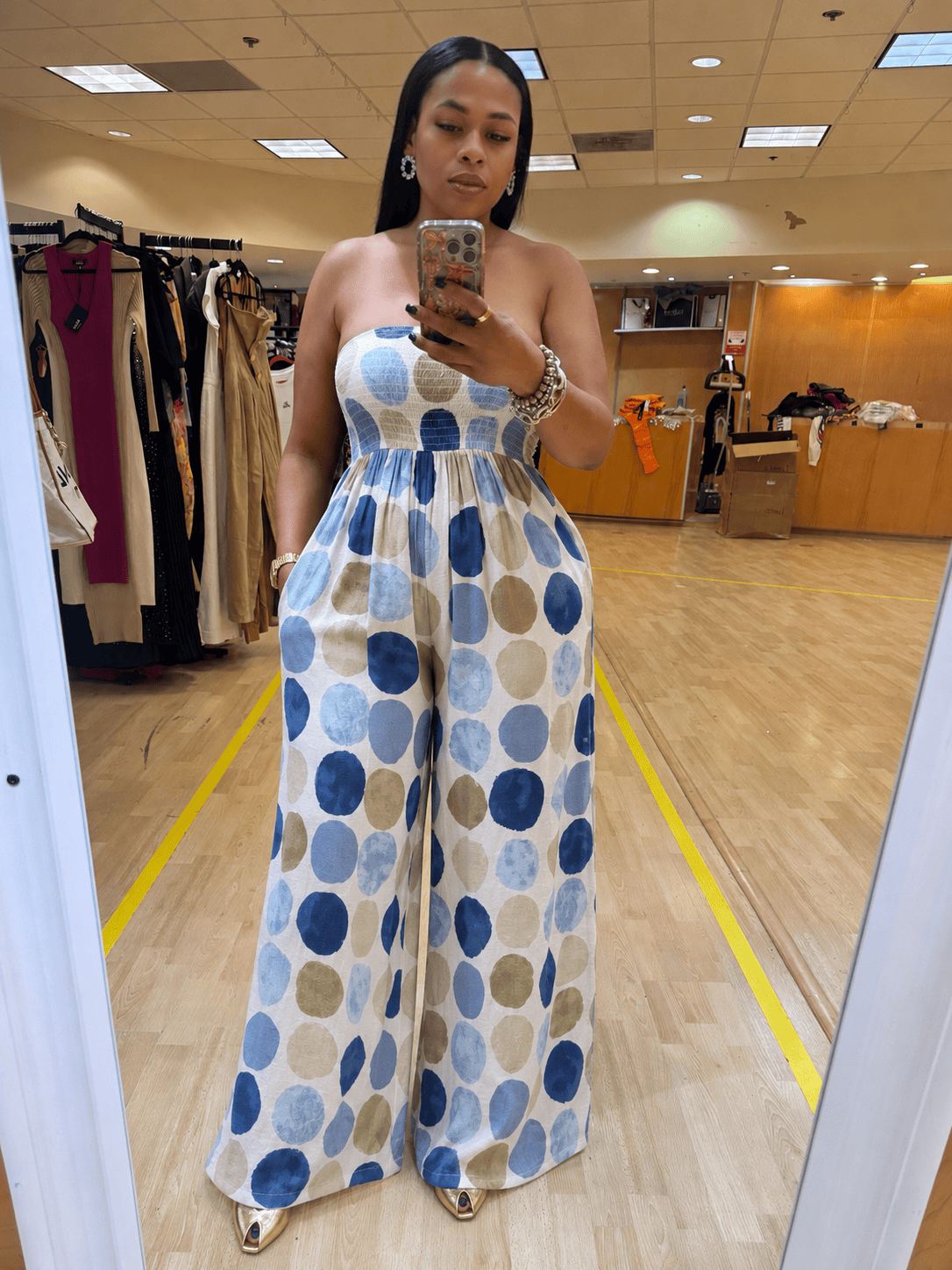 MULTI POLKADOT TUBE SMOCKED WIDE LEG JUMPSUIT (BLUE)