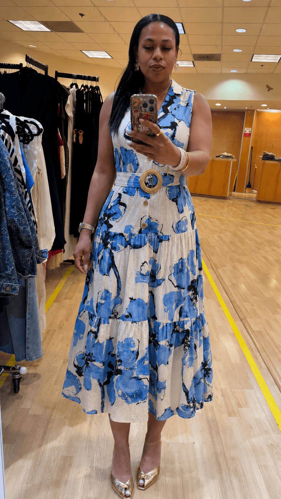 Blue and white tiered collared dress with matching belt