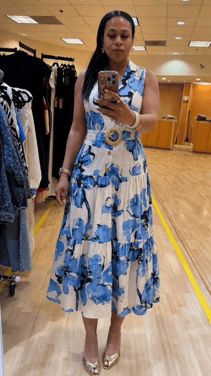 Blue and white tiered collared dress with matching belt