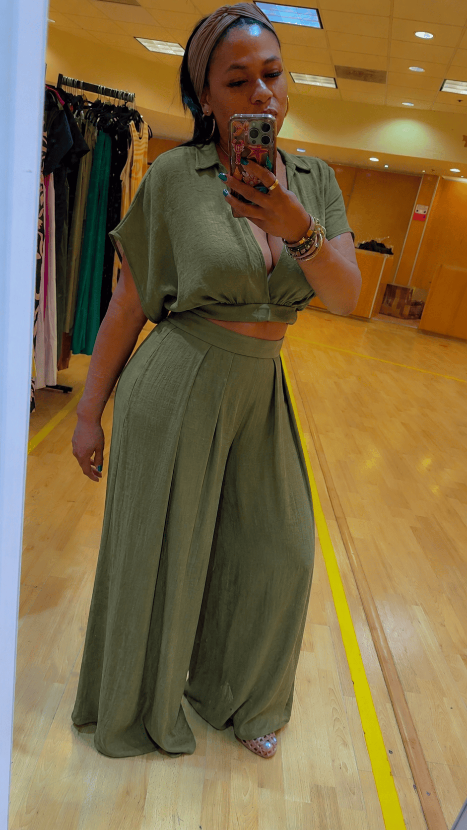 Collared Wrap Top & Wide-Leg Pants Set (Olive)