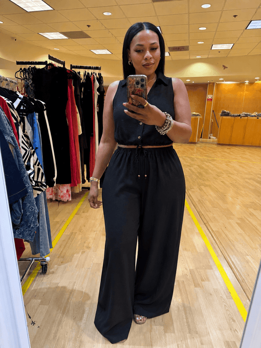 Button Front Vest & Elastic Pants Set (Black)