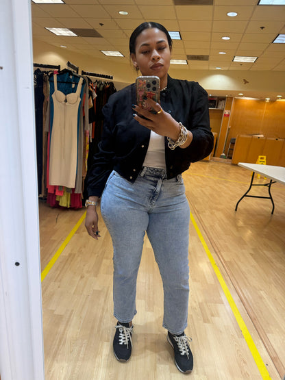 Button-Up Bomber Jacket With Ribbed Cuffs (Black)