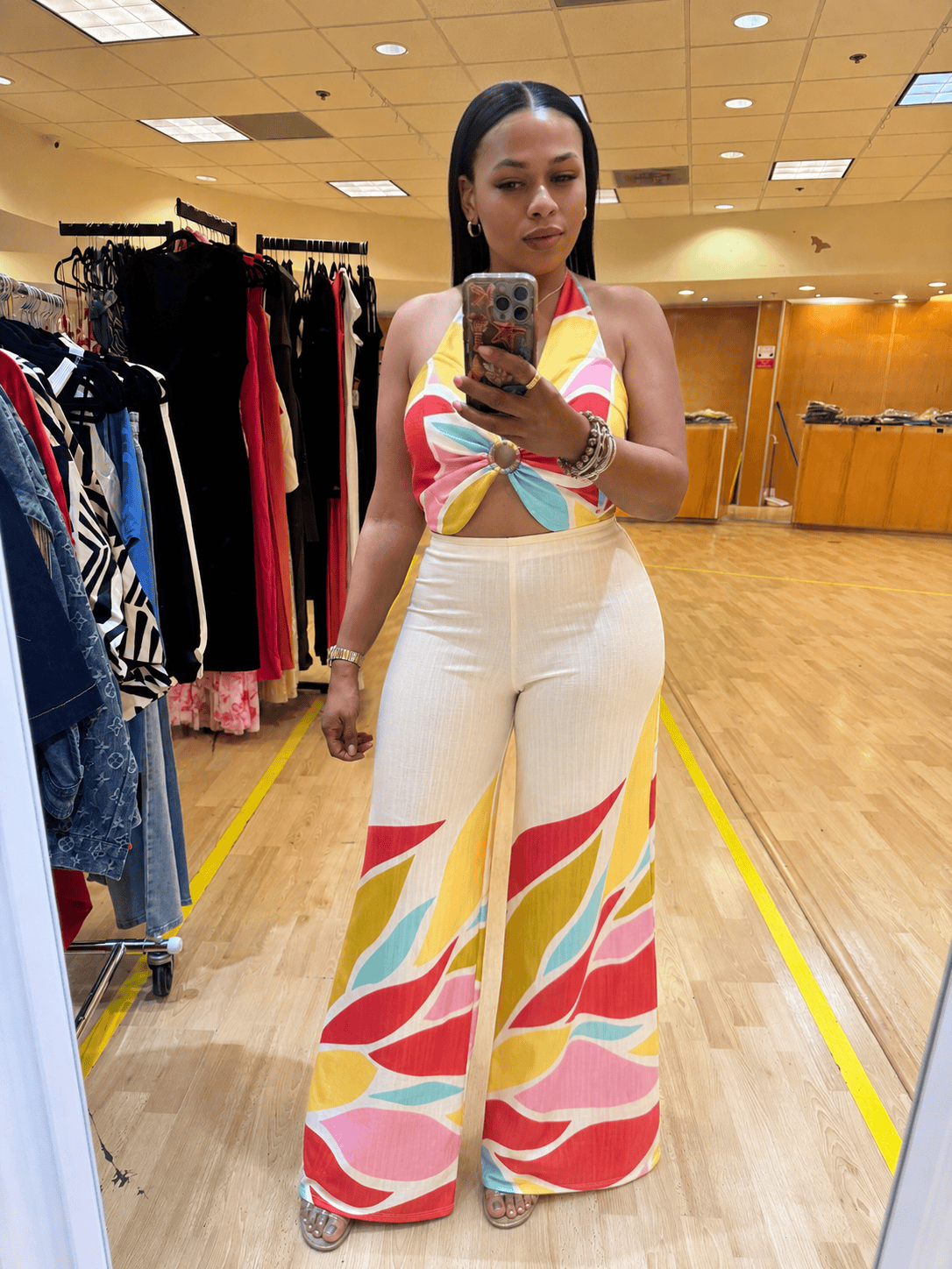 Ivory Print Halter Crop Top & Pants Set