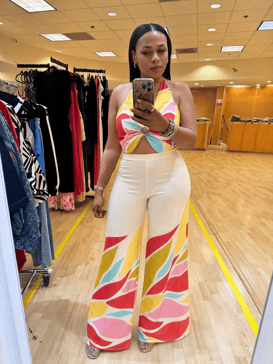 Ivory Print Halter Crop Top & Pants Set