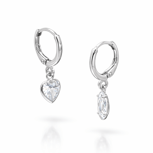 Heart Drop Huggie Earrings – White Gold Plated