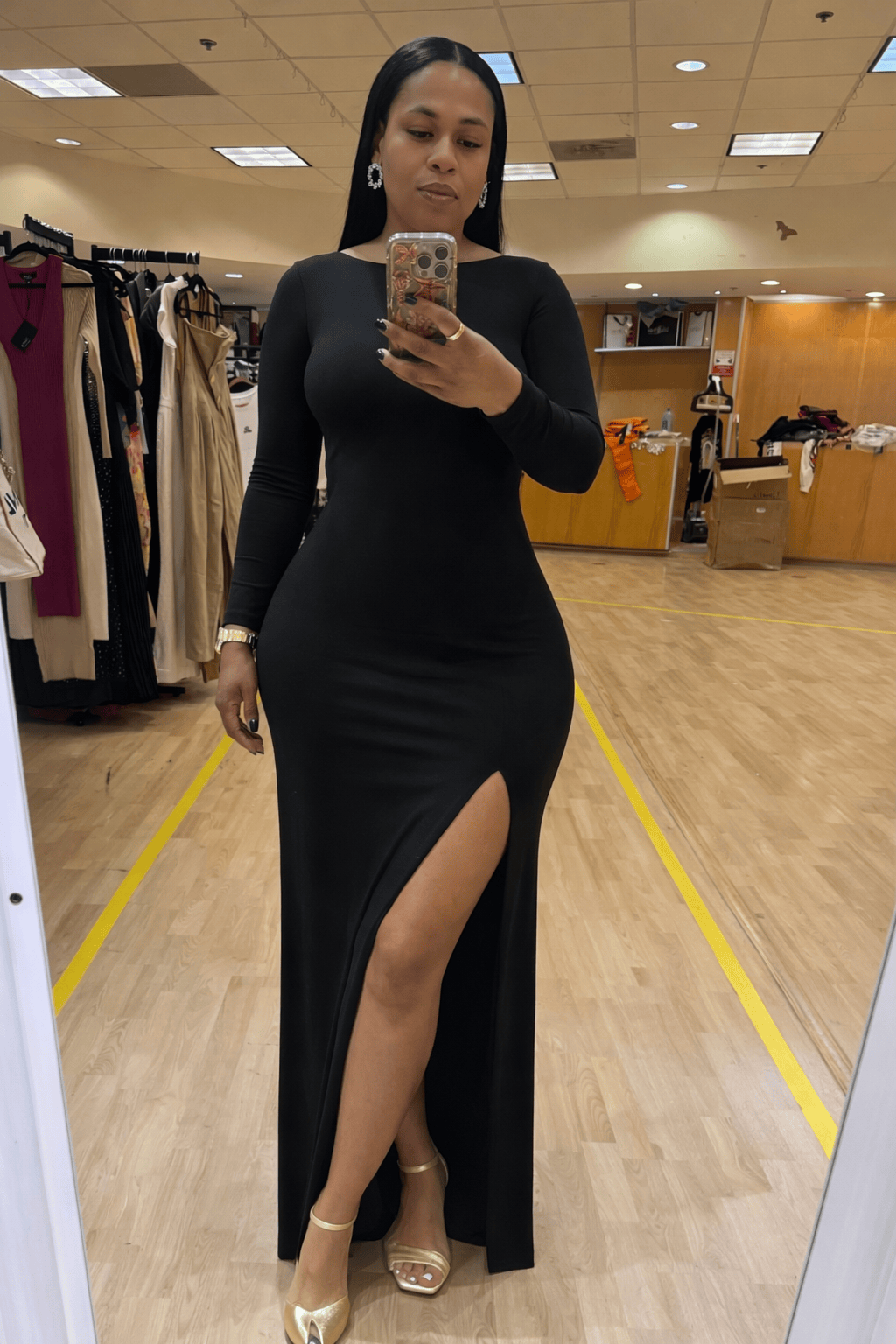 DOUBLE LAYERED BOAT NECK LONG SLEEVE SLIT MAXI