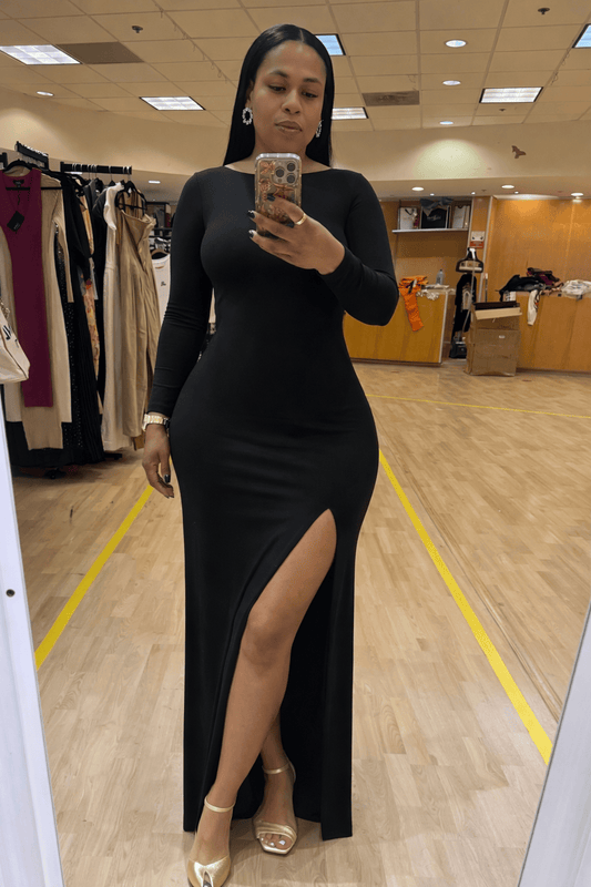 DOUBLE LAYERED BOAT NECK LONG SLEEVE SLIT MAXI
