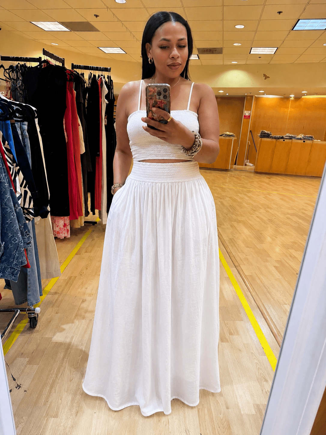 LINEN SMOCKED TANK WITH MATCHING MAXI SKIRT SET (White)