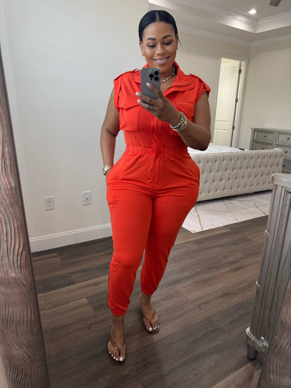 Mock Neck Sleeveless Jogger Jumpsuit (Orange)