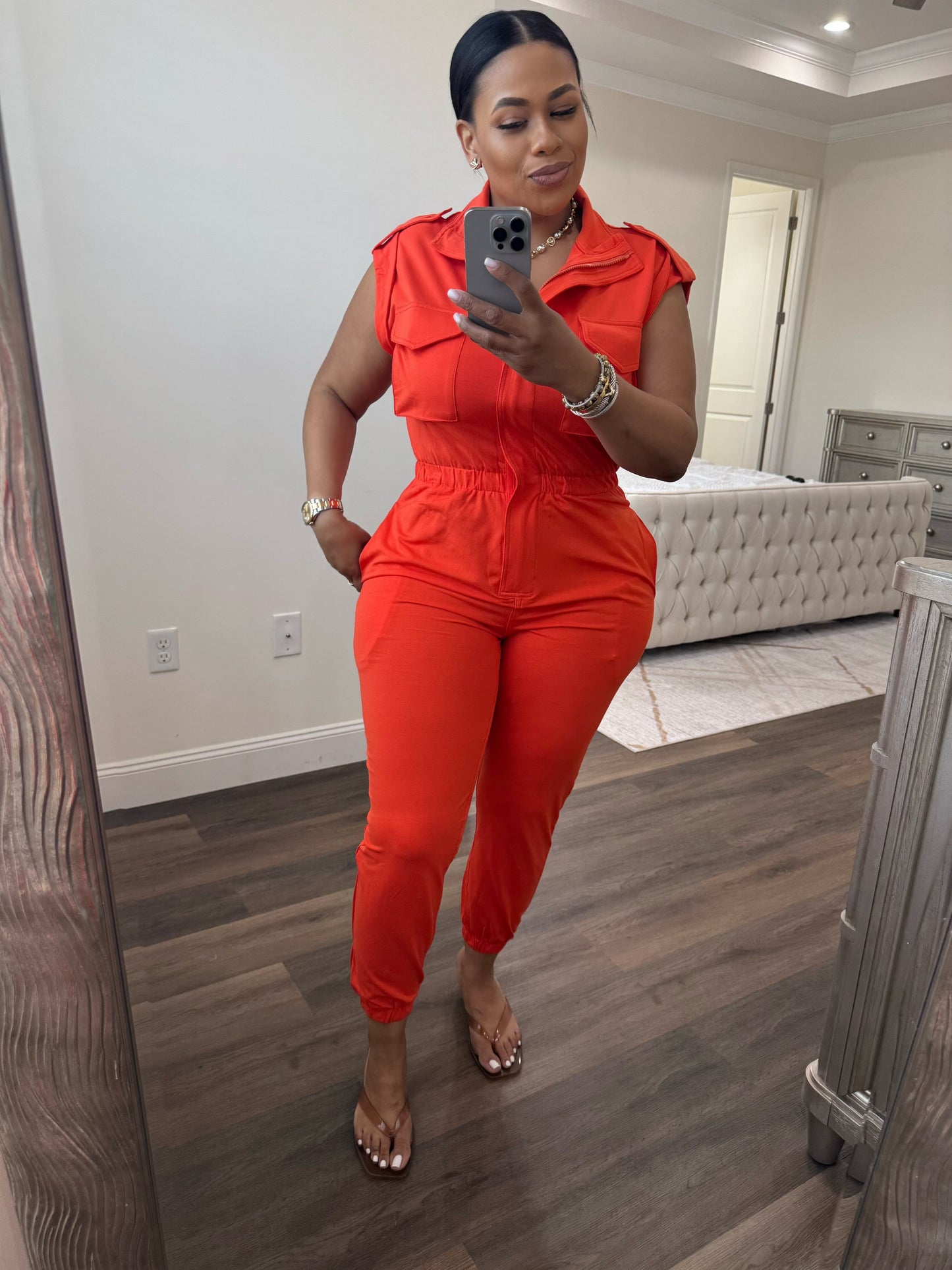 Mock Neck Sleeveless Jogger Jumpsuit (Orange)