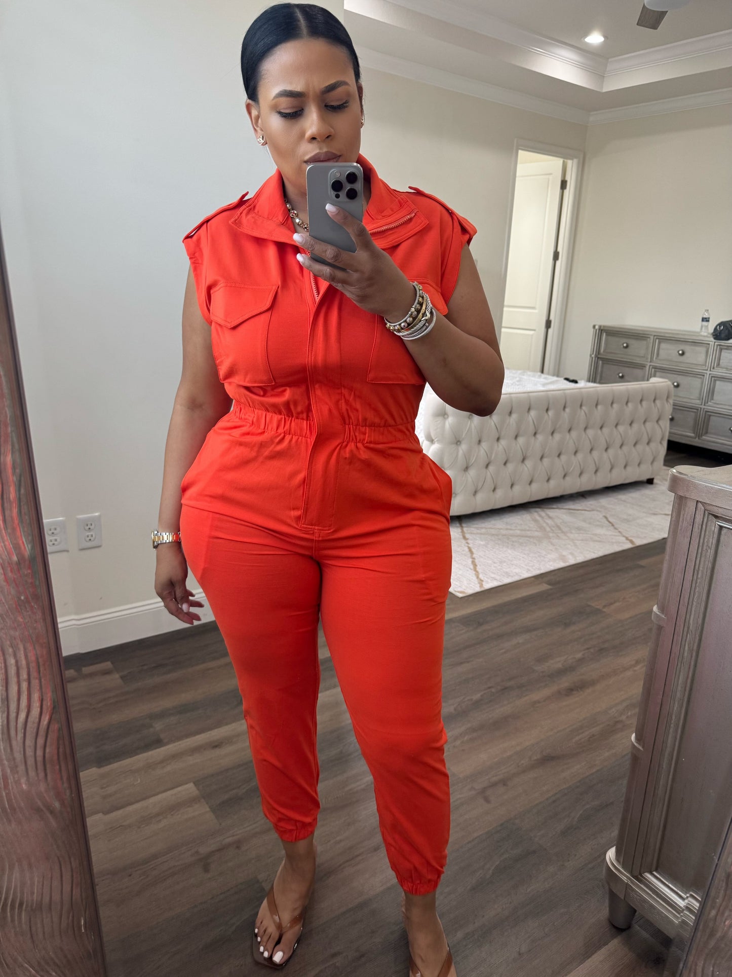Mock Neck Sleeveless Jogger Jumpsuit (Orange)