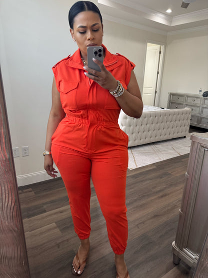 Mock Neck Sleeveless Jogger Jumpsuit (Orange)