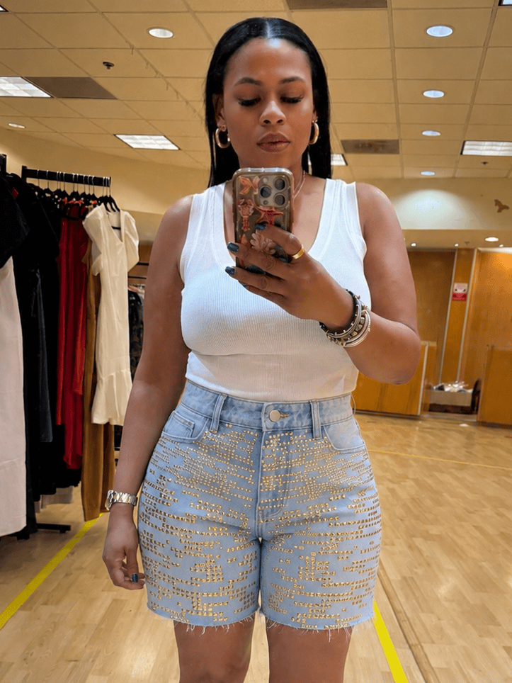 Gold Studded Denim Bermuda Shorts
