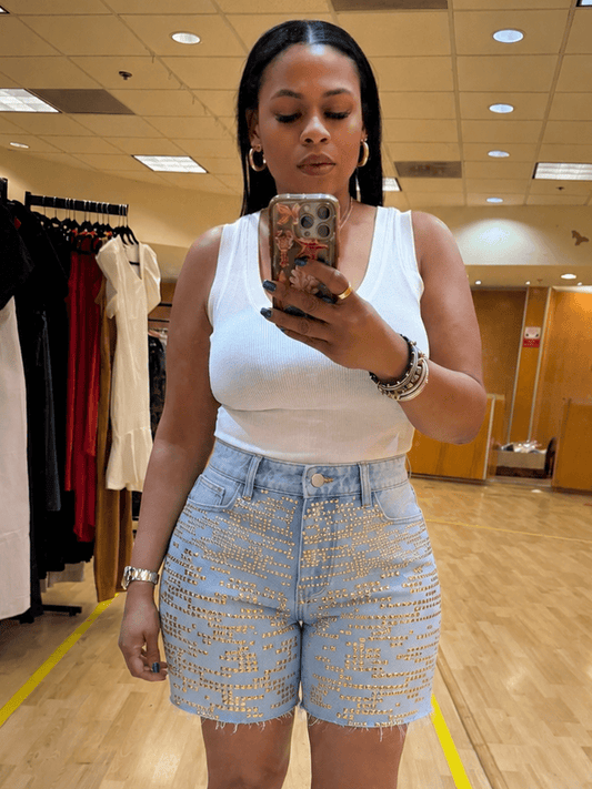 Gold Studded Denim Bermuda Shorts