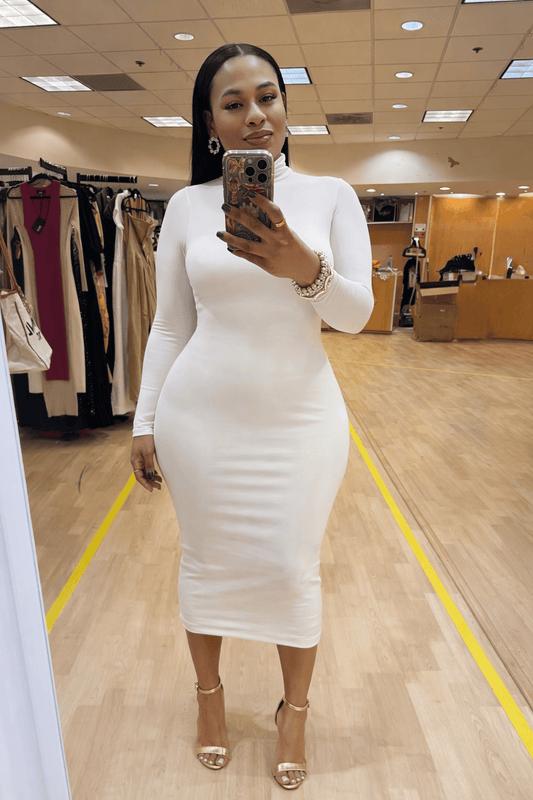 DOUBLE LAYERED MOCK NECK MIDI DRESS (WHITE)