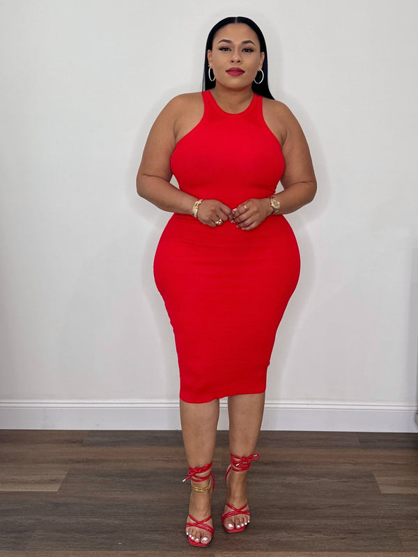 Premium Racer Neck Midi Dress (Red)