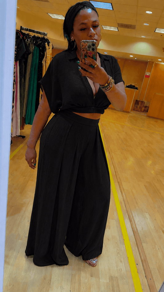 Collared Wrap Top & Wide-Leg Pants Set (Black)