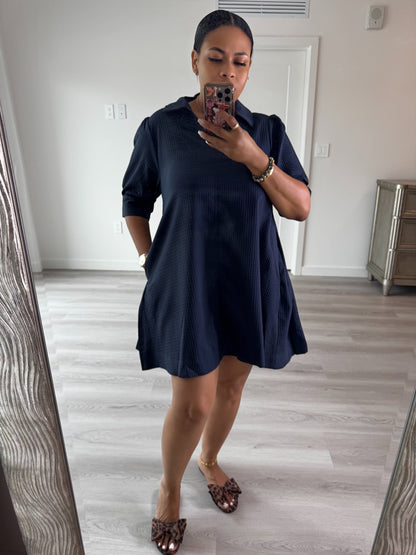 Mini Dress Collar Neck Puff-Sleeve (Navy)
