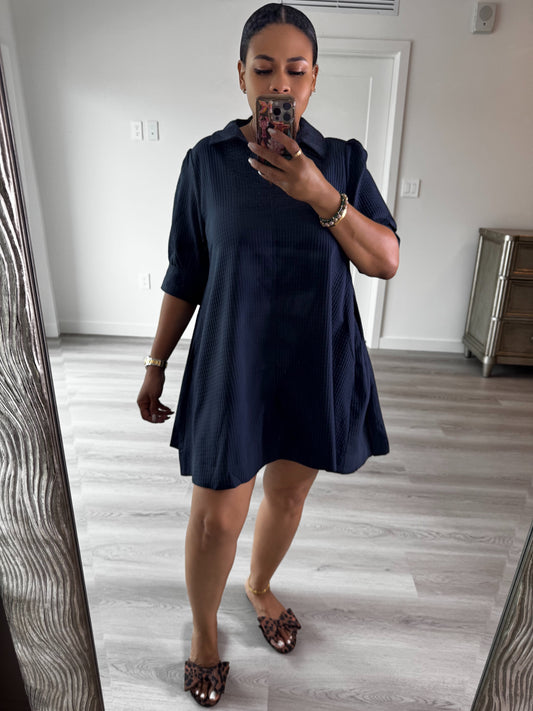 Mini Dress Collar Neck Puff-Sleeve (Navy)