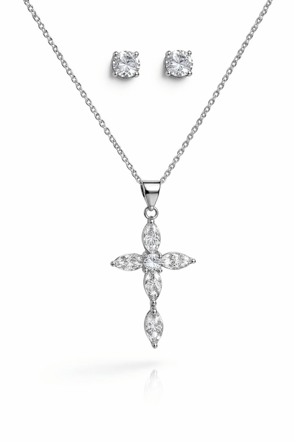 Cross Diamone Necklace And Stud Earrings (Silver)