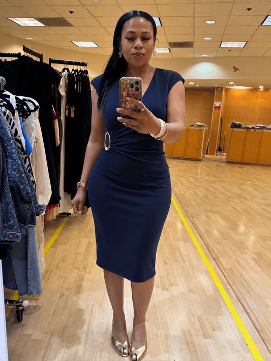 NAVY WRAP MIDI DRESS