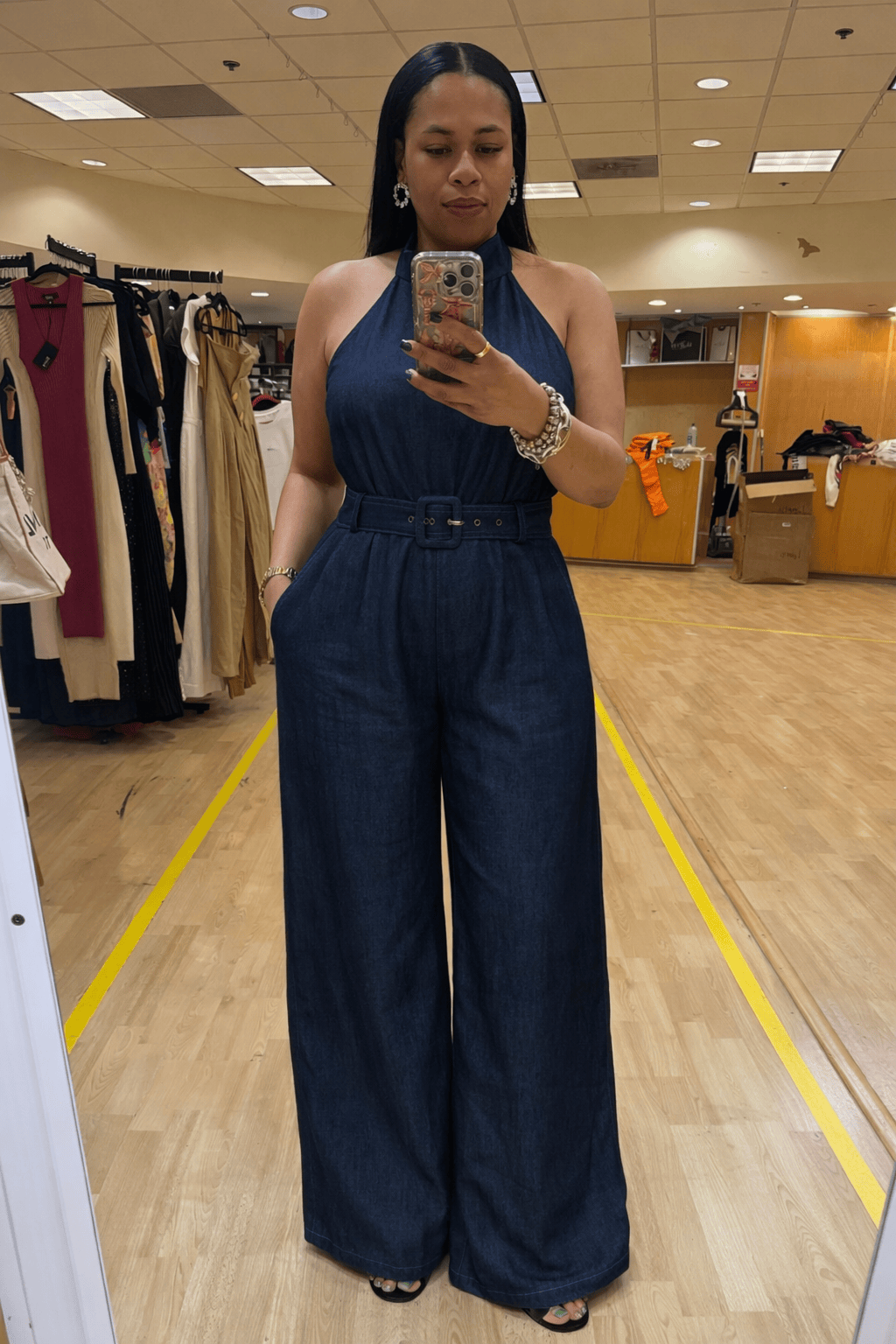 Midnight Muse Denim Halter Wide-Leg Jumpsuit