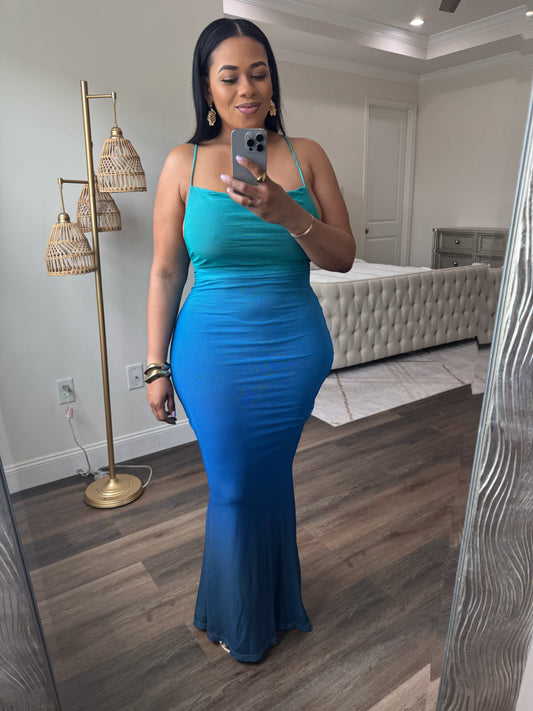 Ombre Mesh Lace Up Maxi Dress (Blue)