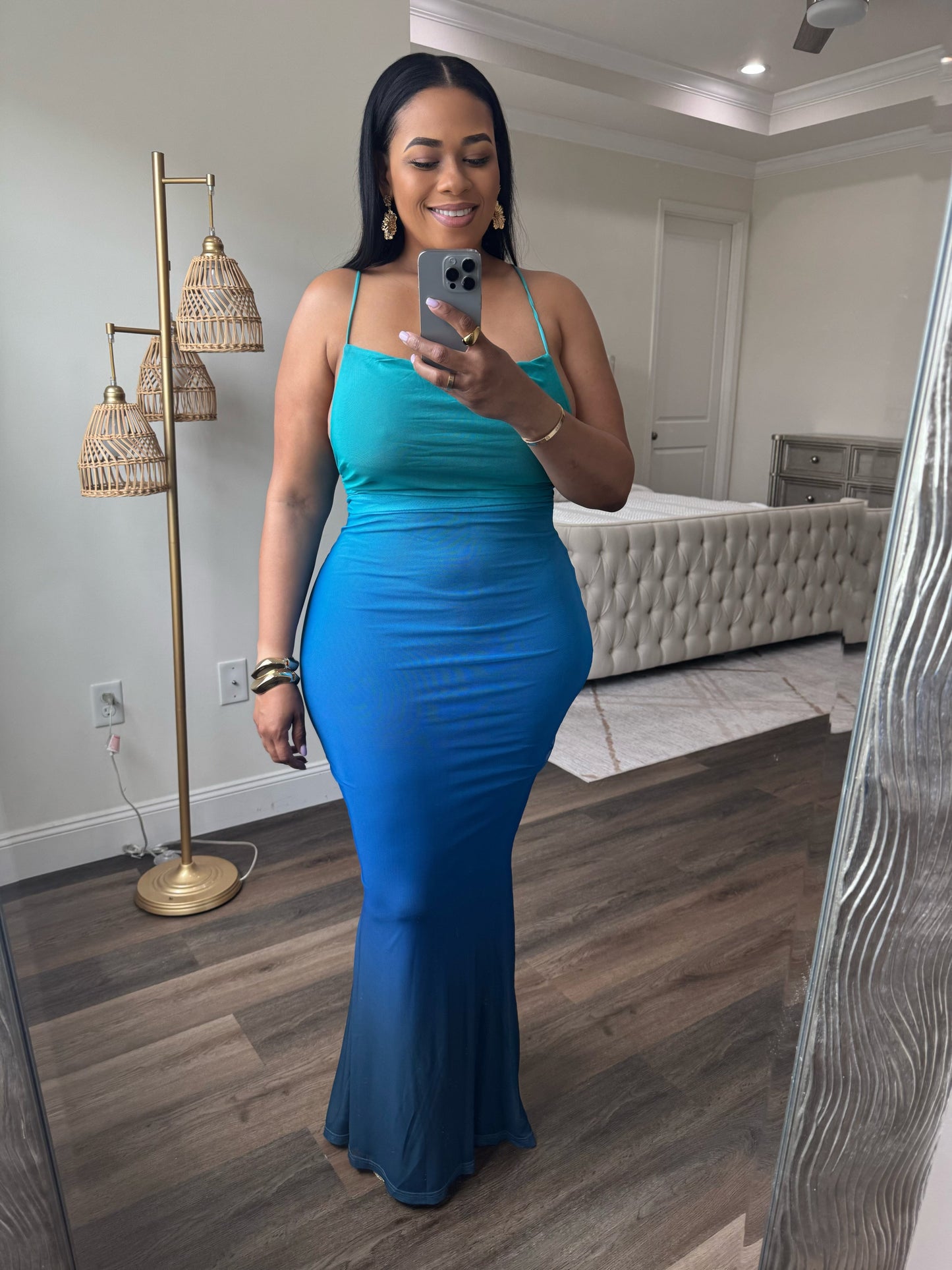 Ombre Mesh Lace Up Maxi Dress (Blue)