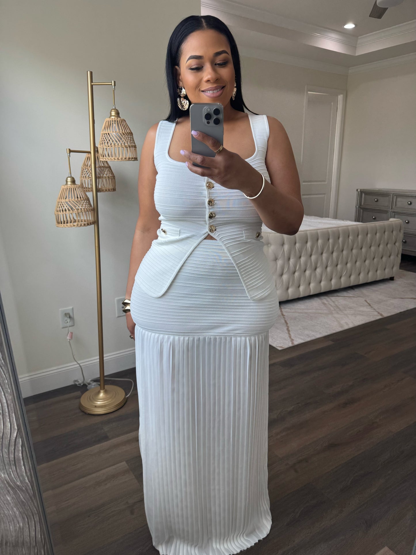 Vest And Pleated Maxi Skirt (White)