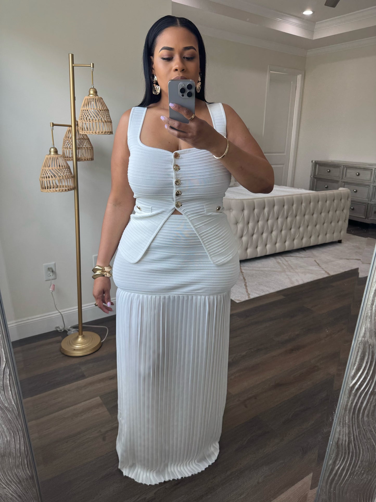 Vest And Pleated Maxi Skirt (White)