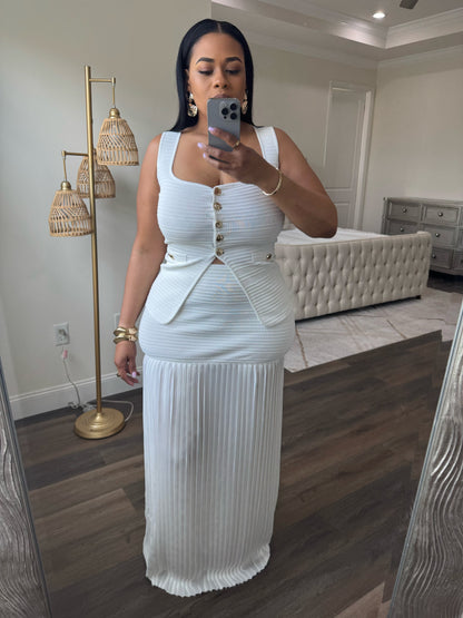 Vest And Pleated Maxi Skirt (White)