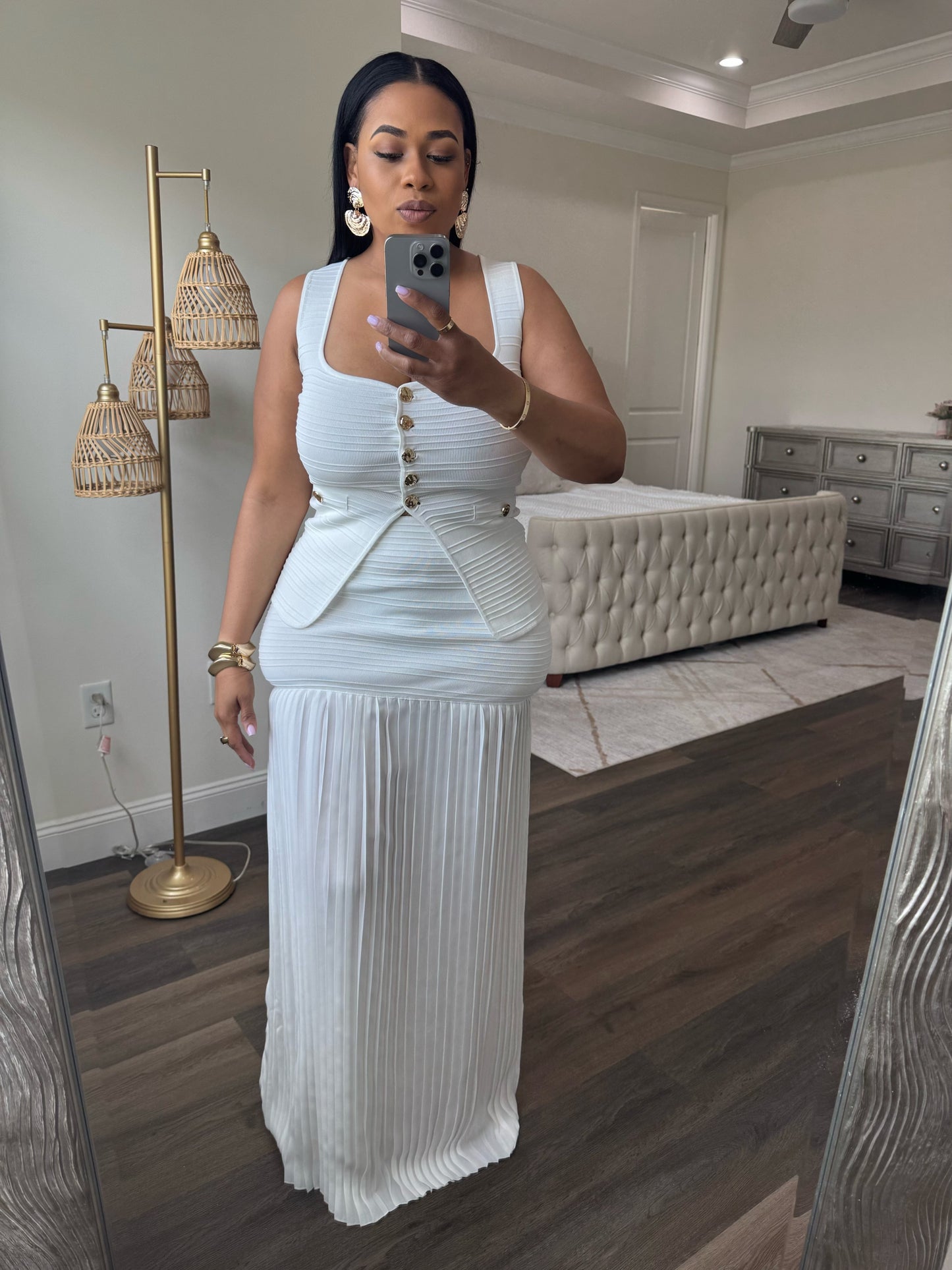 Vest And Pleated Maxi Skirt (White)