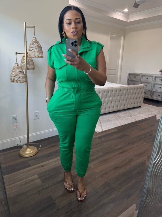 Mock Neck Sleeveless Jogger Jumpsuit (Emerald Green)