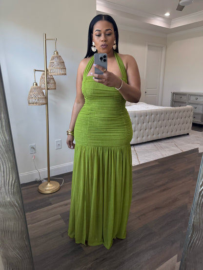 Halter Ruched Dress (Green)