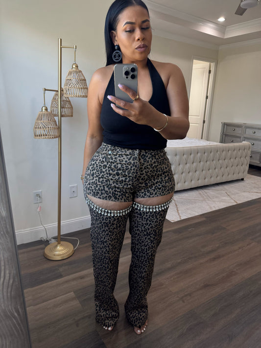 Rhinestone Slit Thigh Animal Print Jeans (Brown)