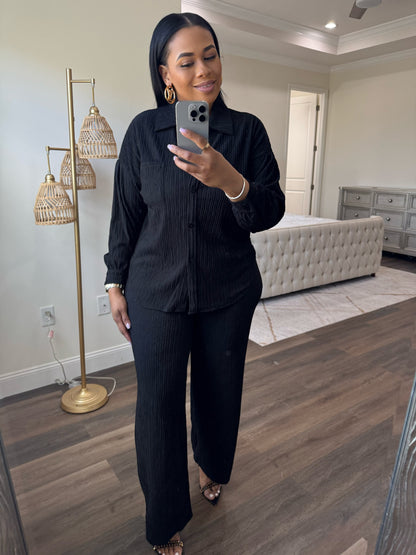 Crinkled Plisse Button Down Shirt Loungewear Set (BLACK)