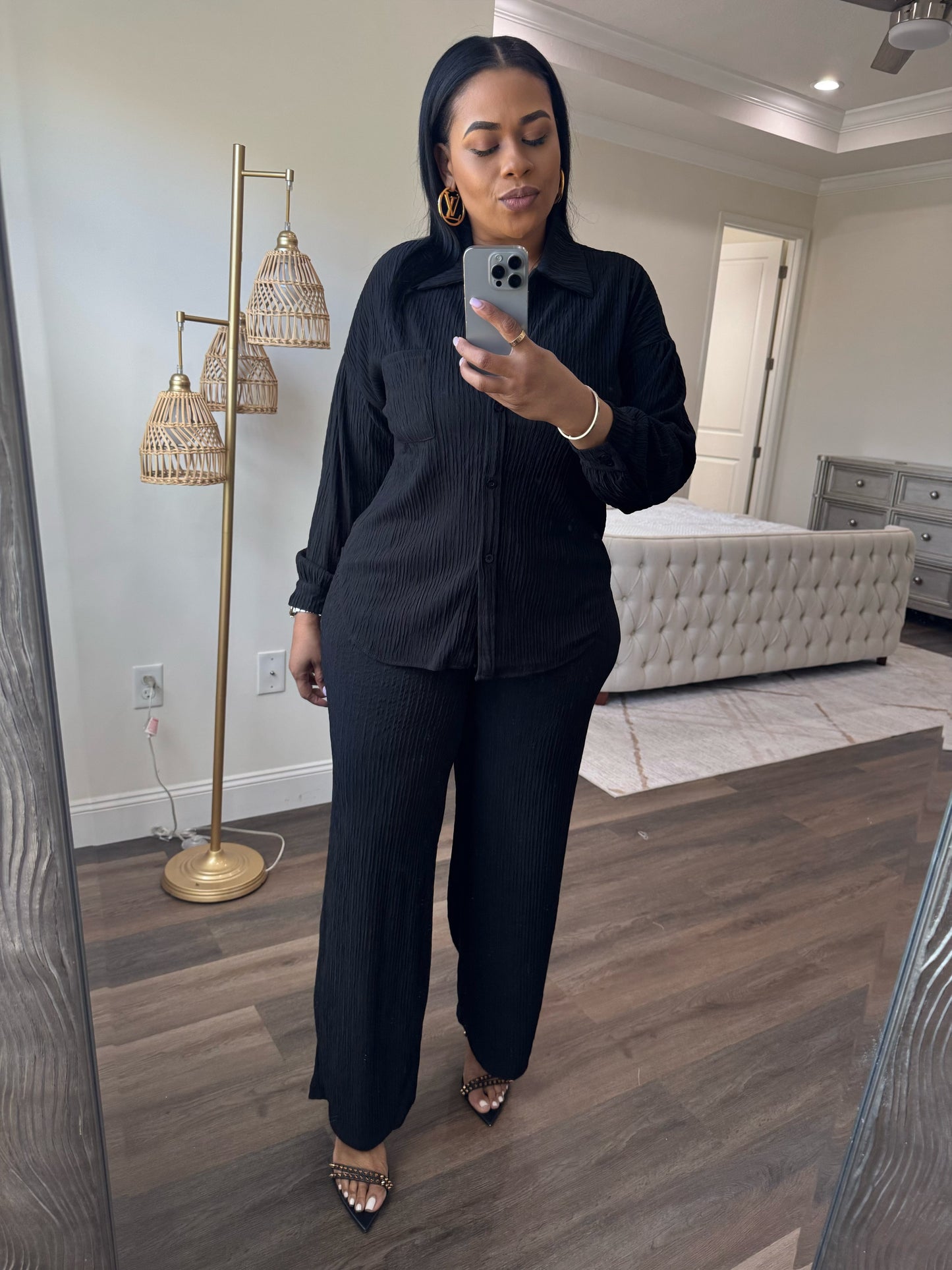 Crinkled Plisse Button Down Shirt Loungewear Set (BLACK)