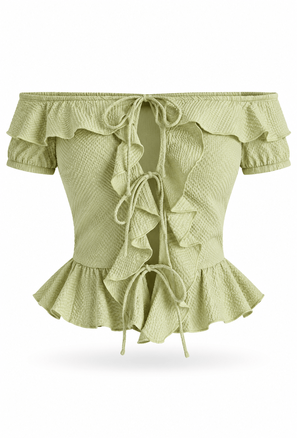 Sage-green ruffled tie-front top