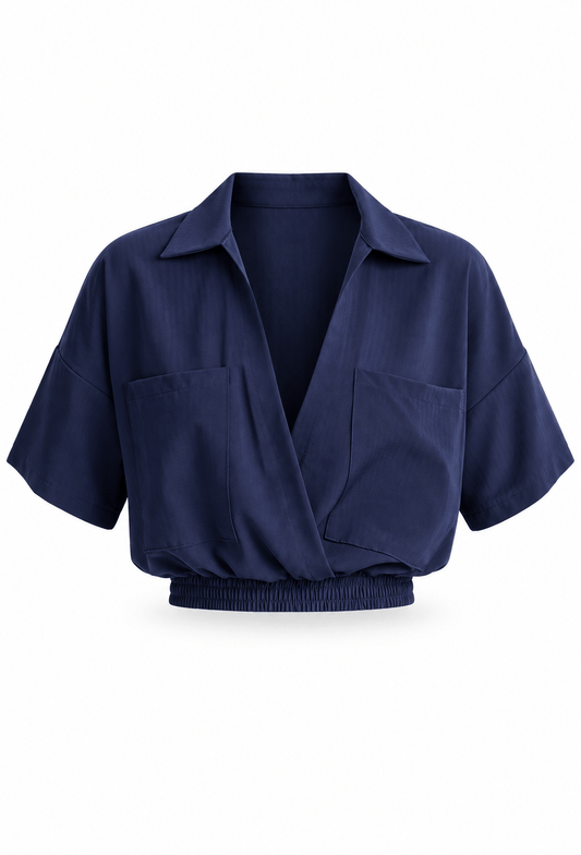 Navy cropped wrap blouse