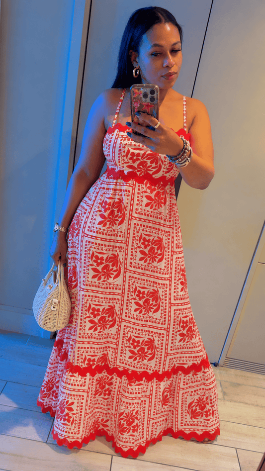 Scallop Trim Printed Maxi Dress (orange)