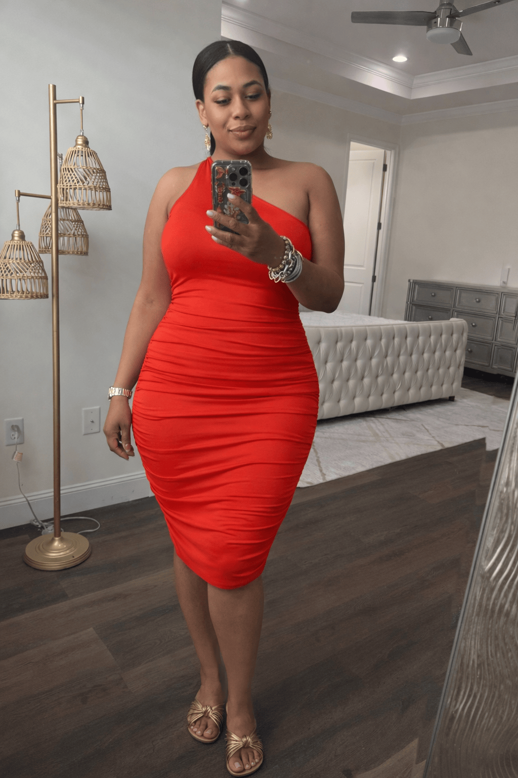 Sexy Solid Color Ruched One Shoulder Midi Bodycon Dress (Red Orange)