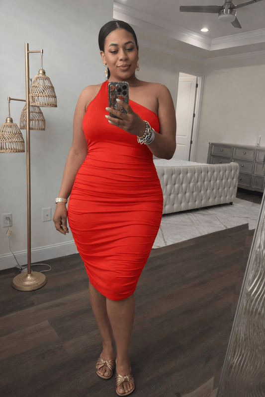 Sexy Solid Color Ruched One Shoulder Midi Bodycon Dress (Red Orange)